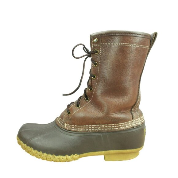 LL Bean Brown Leather Lace Up Shearling Lined Insulated Duck Boots Size 10 Wide - Picture 1 of 11